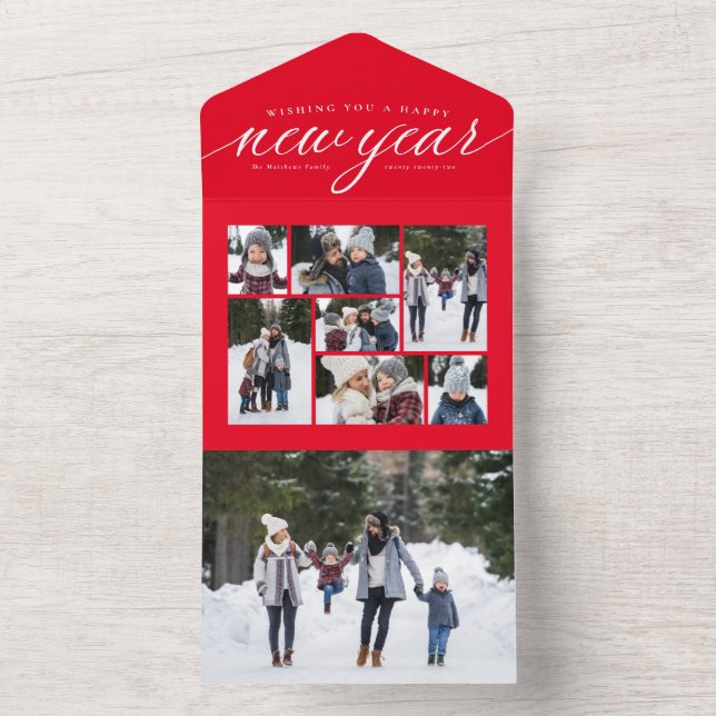 Happy New Year red photo collage unique holiday All In One Invitation (Inside)