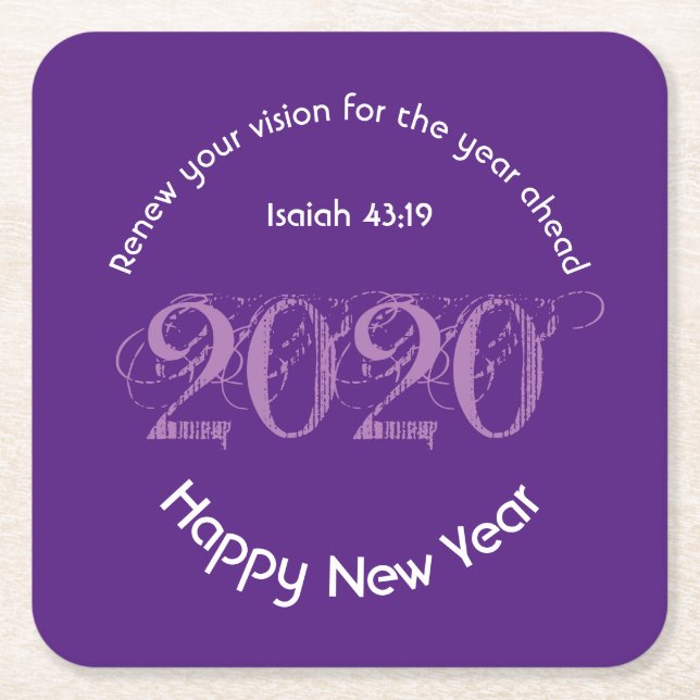 Happy New Year RENEW VISION 2020 Stylish PURPLE Square Paper Coaster (Front)