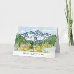 Happy New Year Rocky Mountains Winter Watercolor Card