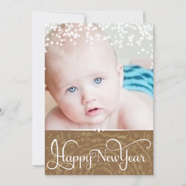 Happy New Year Rustic Wood Sparkle Stars Christmas Holiday Card (Front)