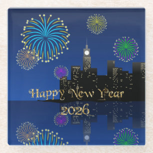 Happy New Year’s Eve Midnight Fireworks City Light Glass Coaster