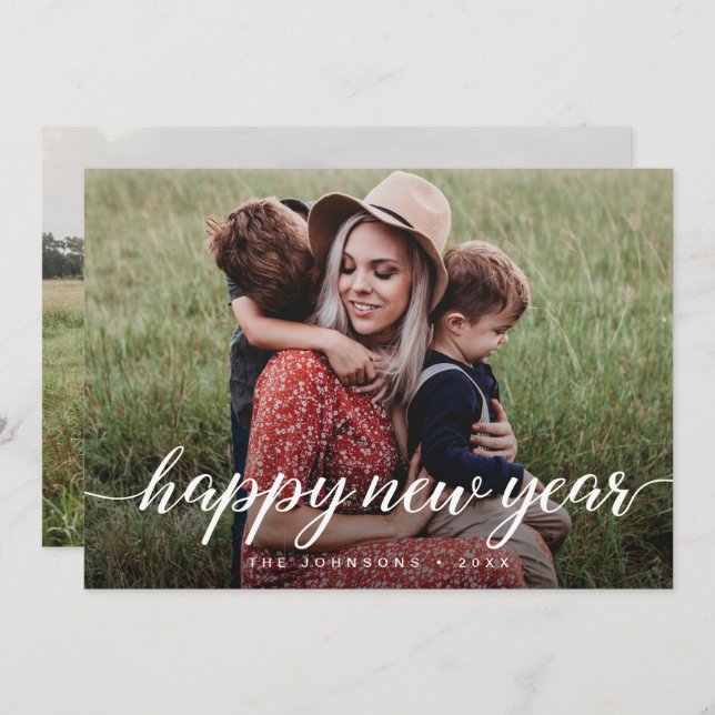 Happy New Year Script 2 family photo Custom Holiday Card (Front/Back)