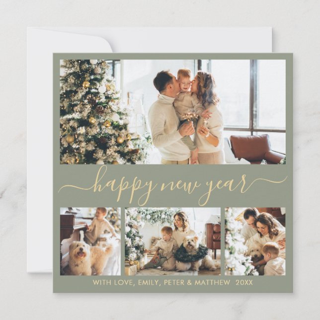 Happy New Year Script 4 Photo Collage Sage Green Holiday Card (Front)