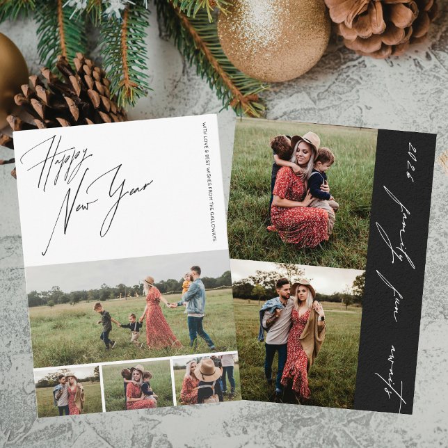 Happy New Year Script 6-Photo Collage Family Holiday Card (Creator Uploaded)