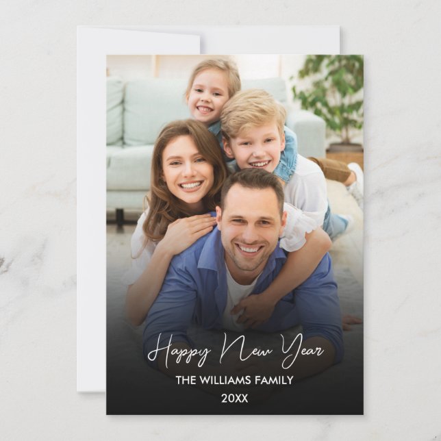 Happy New Year Script Black Collage Multi-Photo Holiday Card (Front)