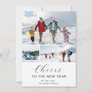 Happy New Year Script Black Collage Multi-Photo Holiday Card