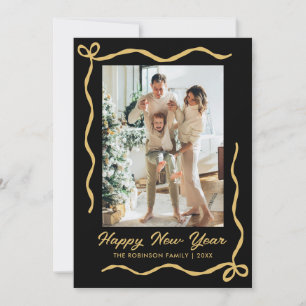 Happy New Year Script Black Gold Gold Bow 2 Photo Holiday Card