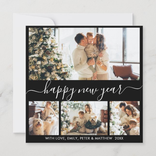 Happy New Year Script Black White Photo Collage Holiday Card (Front)