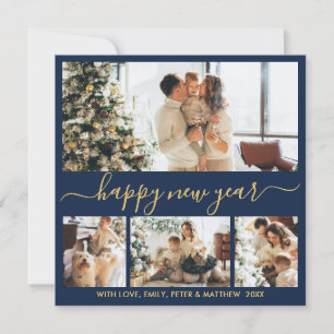 Happy New Year Script Blue Gold 4 Photo Collage Holiday Card