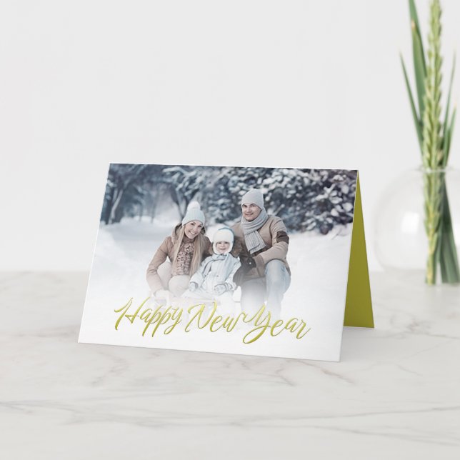 Happy New Year Script Calligraphy Gold 1 Photo Holiday Card (Front)