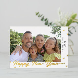 Happy New Year Script Photo Gold Foil Holiday Card