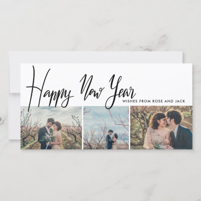 Happy New Year Script Three Photo Modern Holiday Card (Front)