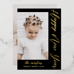 Happy New Year Script Two Photo Black Foil Holiday Card