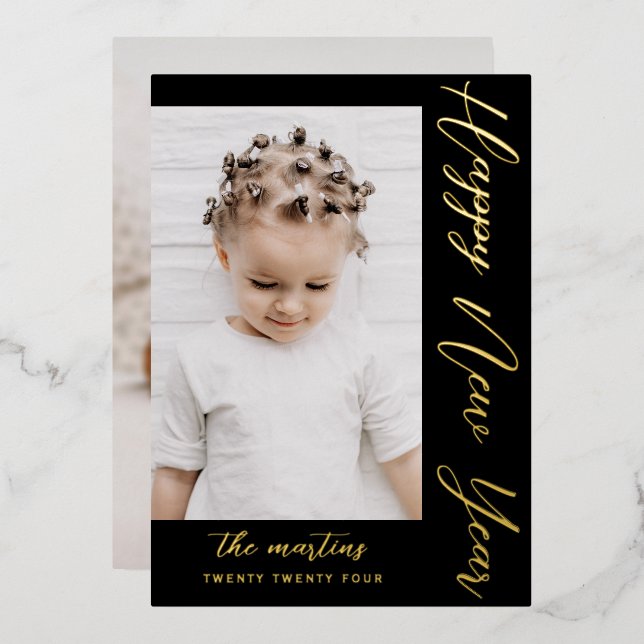 Happy New Year Script Two Photo Black Foil Holiday Card (Front/Back)