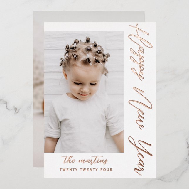 Happy New Year Script Two Photo Rose Gold Foil Holiday Card (Front/Back)
