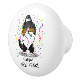 Happy New Year Shetland Sheepdog (tri colour) Cute Ceramic Knob