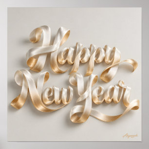Happy New Year Silk Ribbon Lettering Poster