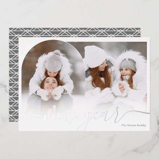 Happy New Year silver 2 photo arch overlay collage Foil Holiday Card (Front/Back)