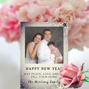 Happy New Year Silver Colour Snow Scene Family Car Holiday Card