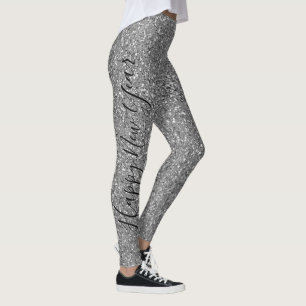 Happy New Year Silver Glitter Black Script Party Leggings