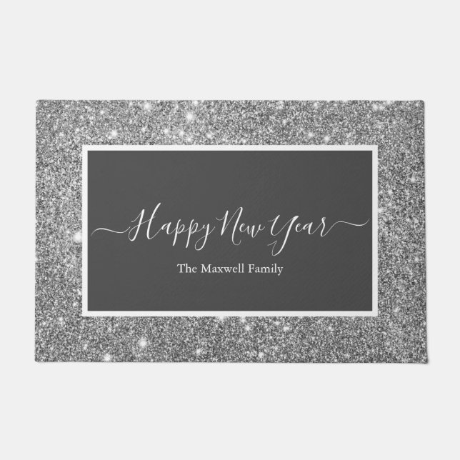 Happy New Year silver glitter grey family name Doo Doormat (Front)