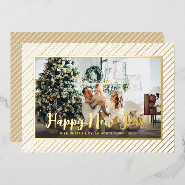  Happy New Year Silver Pinstripe Foil Holiday Card (Front/Back)