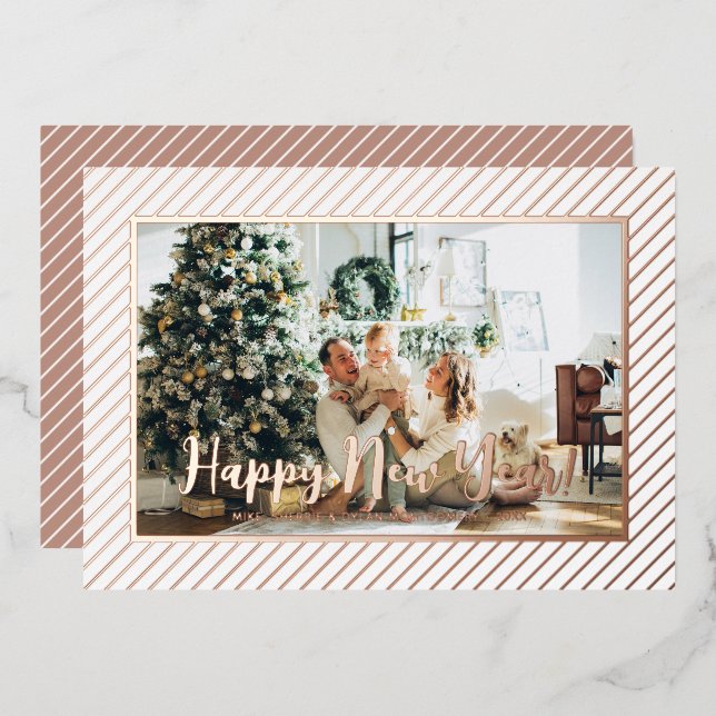  Happy New Year Silver Pinstripe Foil Holiday Card (Front/Back)