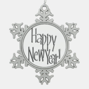 Happy New Year - Silver Text Snowflake Pewter Christmas Ornament