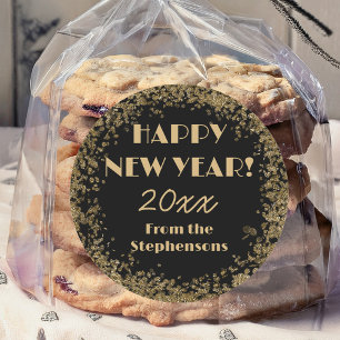 Happy New Year Simple Elegant Black and Gold Classic Round Sticker