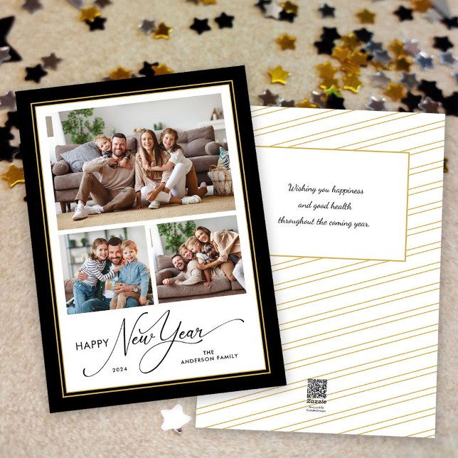 Happy New Year Simple Elegant Script 3 Photos Holiday Card (Creator Uploaded)