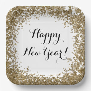 Happy New Year Simple Gold and White Confetti Paper Plate