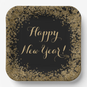 Happy New Year Simple Gold Confetti and Black Paper Plate