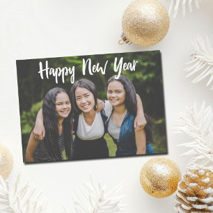 Happy New Year Simple Photo White Script Overlay Holiday Card
