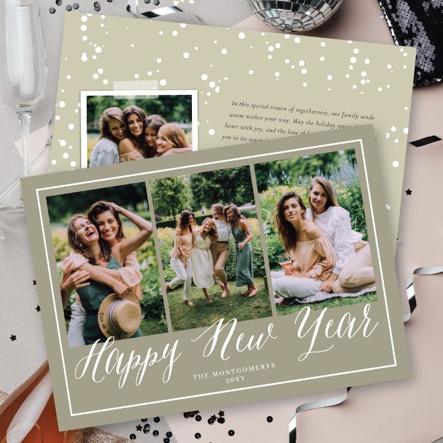 Happy New Year Simple Script Calligraphy 3 Photo Holiday Card (Creator Uploaded)