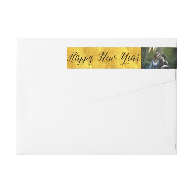 Happy New Year Simple Script Golden Photo Address Wrap Around Label (Back)