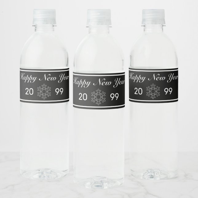 Happy New Year Snow Flake Modern Minimalist Black Water Bottle Label (Bottles)