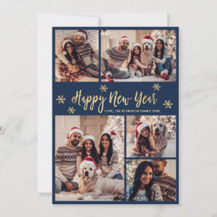Happy New Year Snowflake Navy Gold Photo Collage Holiday Card