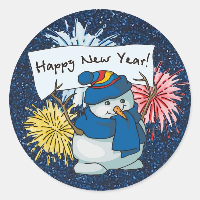 happy new year snowman classic round sticker (Front)