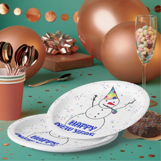 Happy New Year Snowman Paper Plate (Multi)