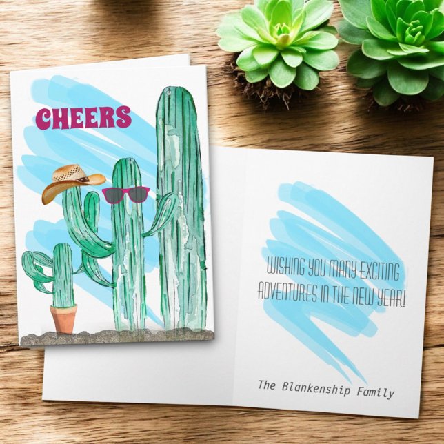 Happy New Year Southwest Saguaro Cactus Holiday Card (greeting card cactus template cover and inside)
