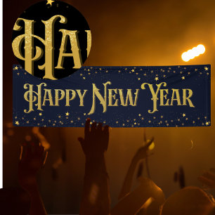 Happy New Year Sparkling Stars Gold Black Banner
