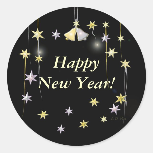 Happy New Year Stars and Bells on Black Classic Round Sticker (Front)