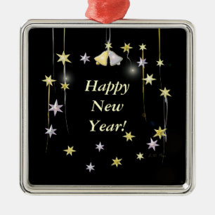 Happy New Year Stars and Bells on Black Metal Ornament
