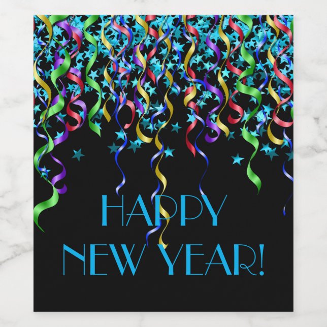 Happy New Year! Stars, Ribbon Streamers Wine Label (Single Label)