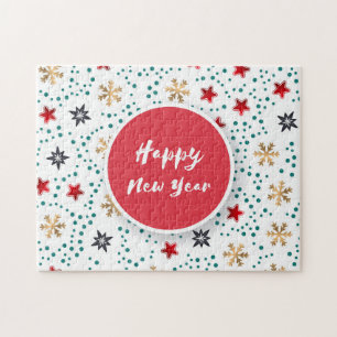 Happy New Year stars snowflakes colourful pattern Jigsaw Puzzle