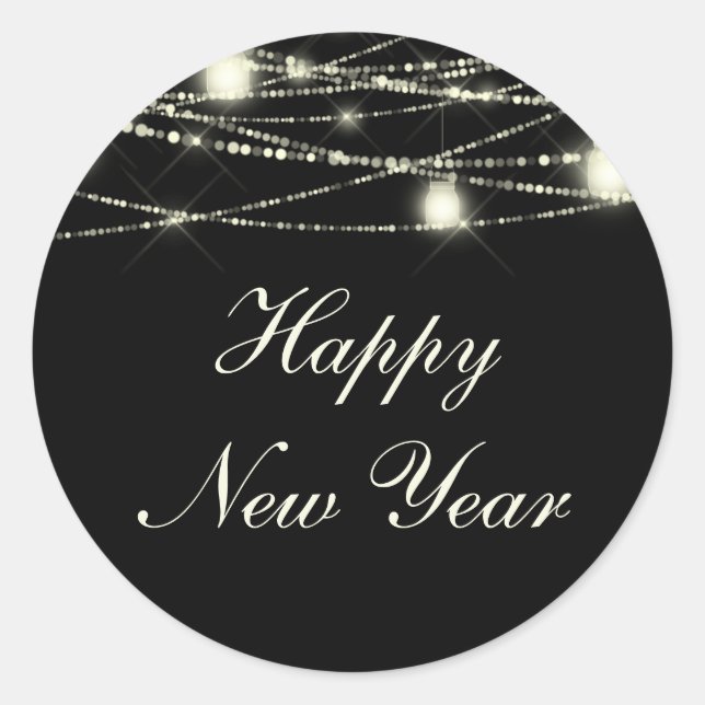 Happy New Year String Lights Jars Black Classic Round Sticker (Front)