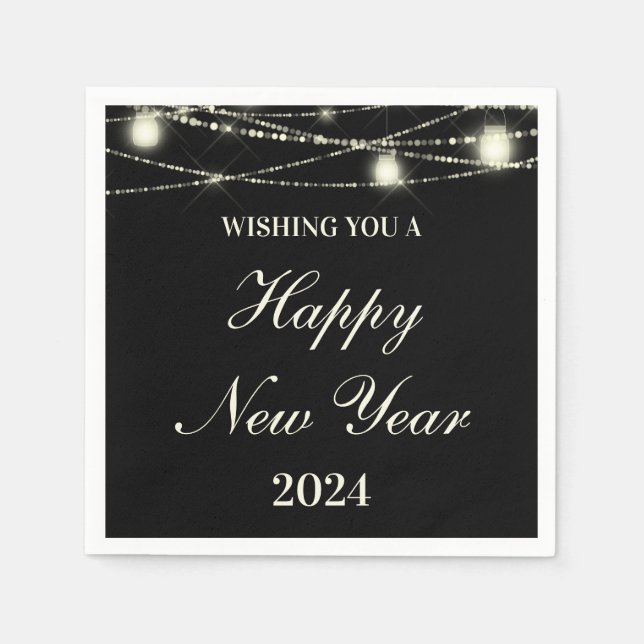 Happy New Year String Lights Jars Black Napkin (Front)