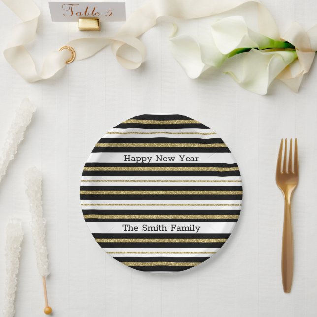 Happy New Year Stripes Paper Plate (Wedding)