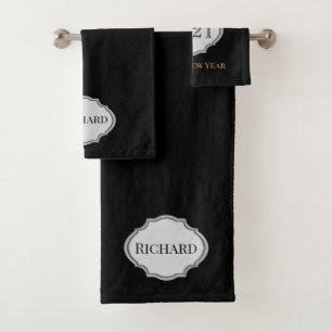 "Happy New Year" stylish black gold personalized Bath Towel Set