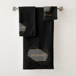 "Happy New Year" stylish black gold personalized Bath Towel Set